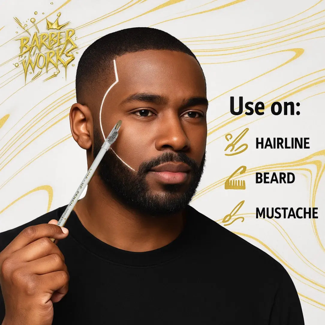 Man using a  barber line-up pencil with 'Barber Works' branding on a decorative background.