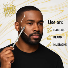 Man using a  barber line-up pencil with 'Barber Works' branding on a decorative background.