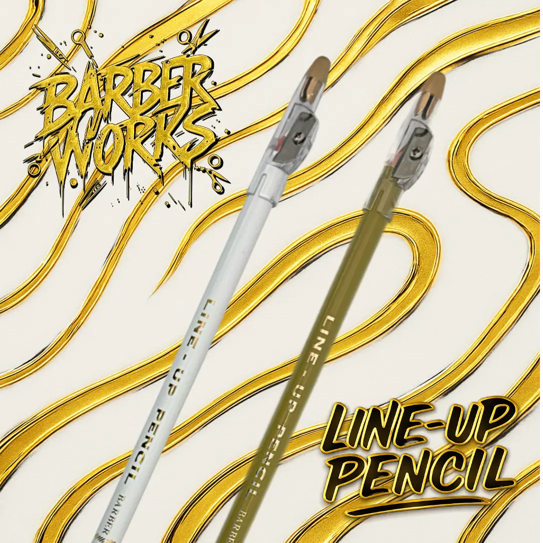 Two line-up pencils with 'Barber Works' branding on a decorative background.
