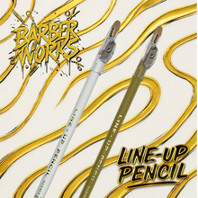 Two line-up pencils with 'Barber Works' branding on a decorative background.