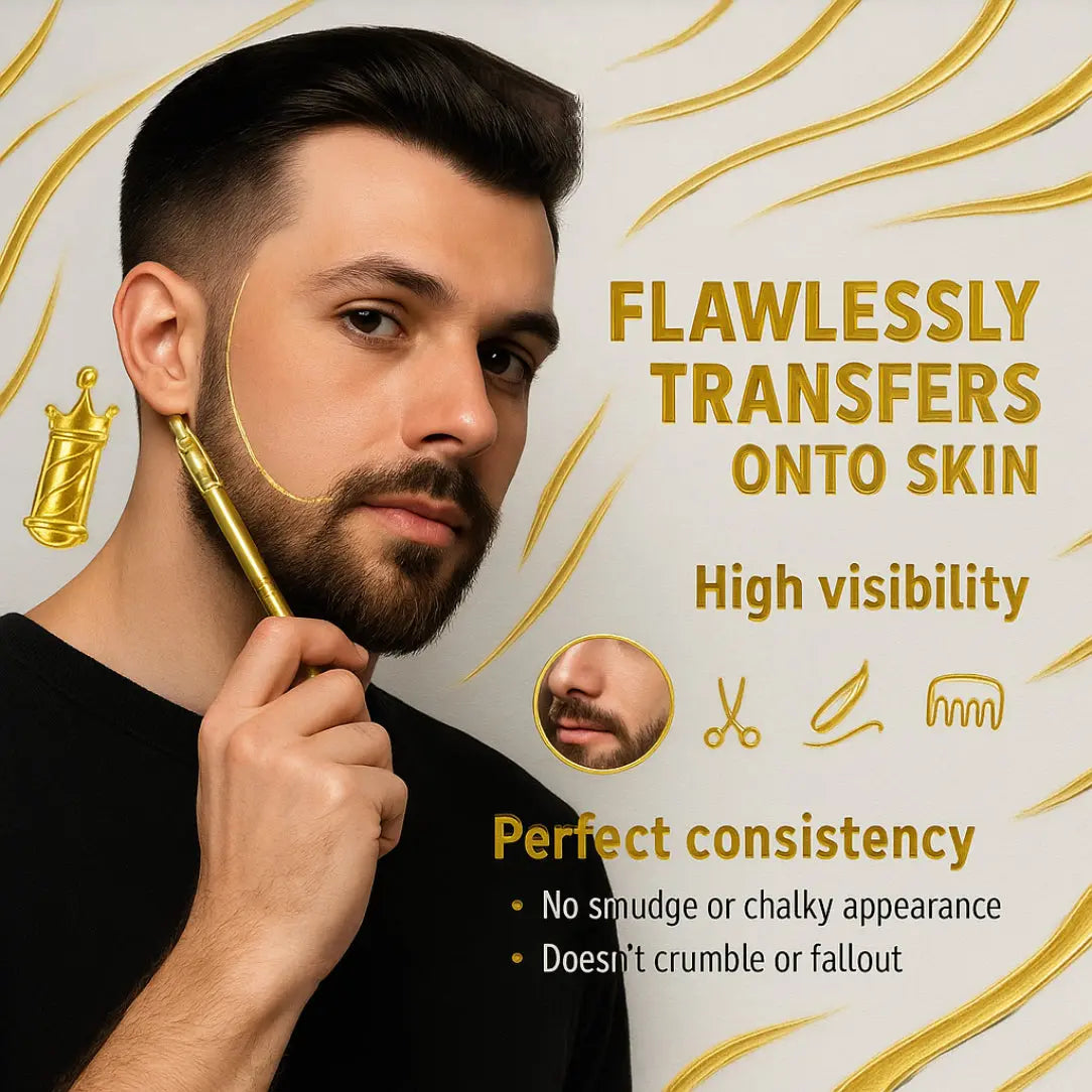 Man applying Barber Works line-up pencil to his face with text about its features on a decorative background