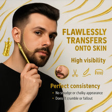 Man applying Barber Works line-up pencil to his face with text about its features on a decorative background
