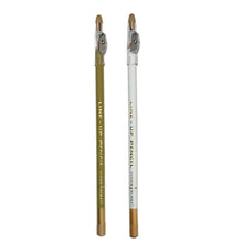 Barber Works  line-up pencil, one gold and one white, on a white background