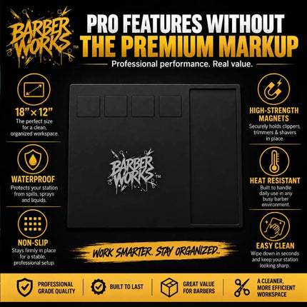 A Barber Works 18" x 12" hot air styling brush holder set against a black promotional background with feature callouts. The product is a black rectangular holder with four slots on top, featuring the Barber Works logo.