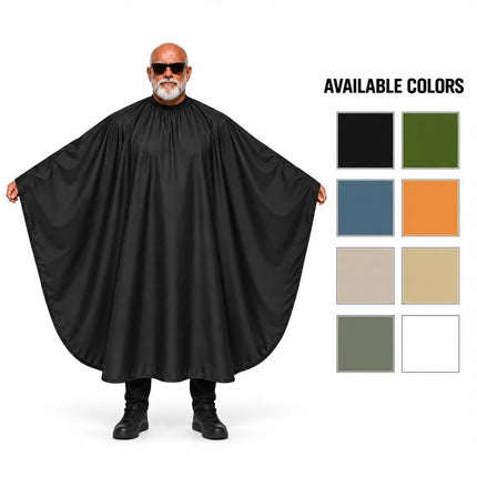 buybarber.com A bald man with sunglasses and a beard models a large black cape-style hair salon drape or poncho against a white background. To the right, an 'AVAILABLE COLORS' chart shows multiple color options in a grid.