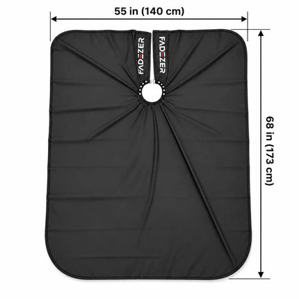 Black FAD-ZER professional hair cutting cape with dimension markings showing 55 in (140 cm) width and 68 in (173 cm) height, on a white background.