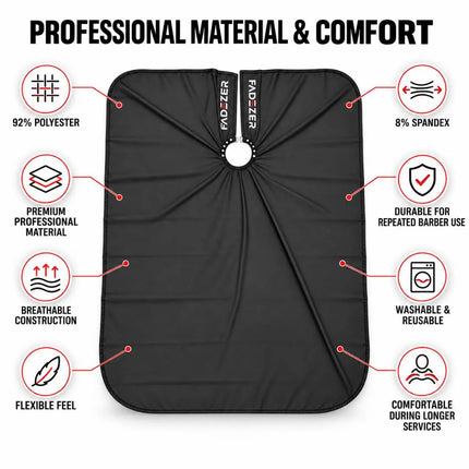 A black professional barber cape shown on a white background with feature callouts and icons around it, including text such as 92% polyester, 8% spandex, breathable construction, and washable and reusable.