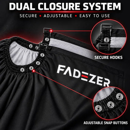 Black barber hair cutting cape, featuring the brand name 'FADEZER' printed on the side. The image includes close-up callouts of the dual closure system with text overlays explaining the secure hooks and adjustable snap buttons.