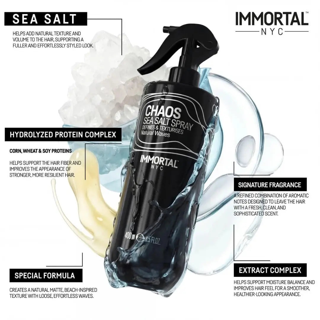 Immortal NYC Chaos Sea Salt Spray bottle with product details on a white background