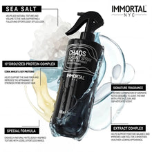 Immortal NYC Chaos Sea Salt Spray bottle with product details on a white background