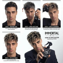 Step-by-step guide on using Immortal NYC hair product with a model holding the spray bottle.