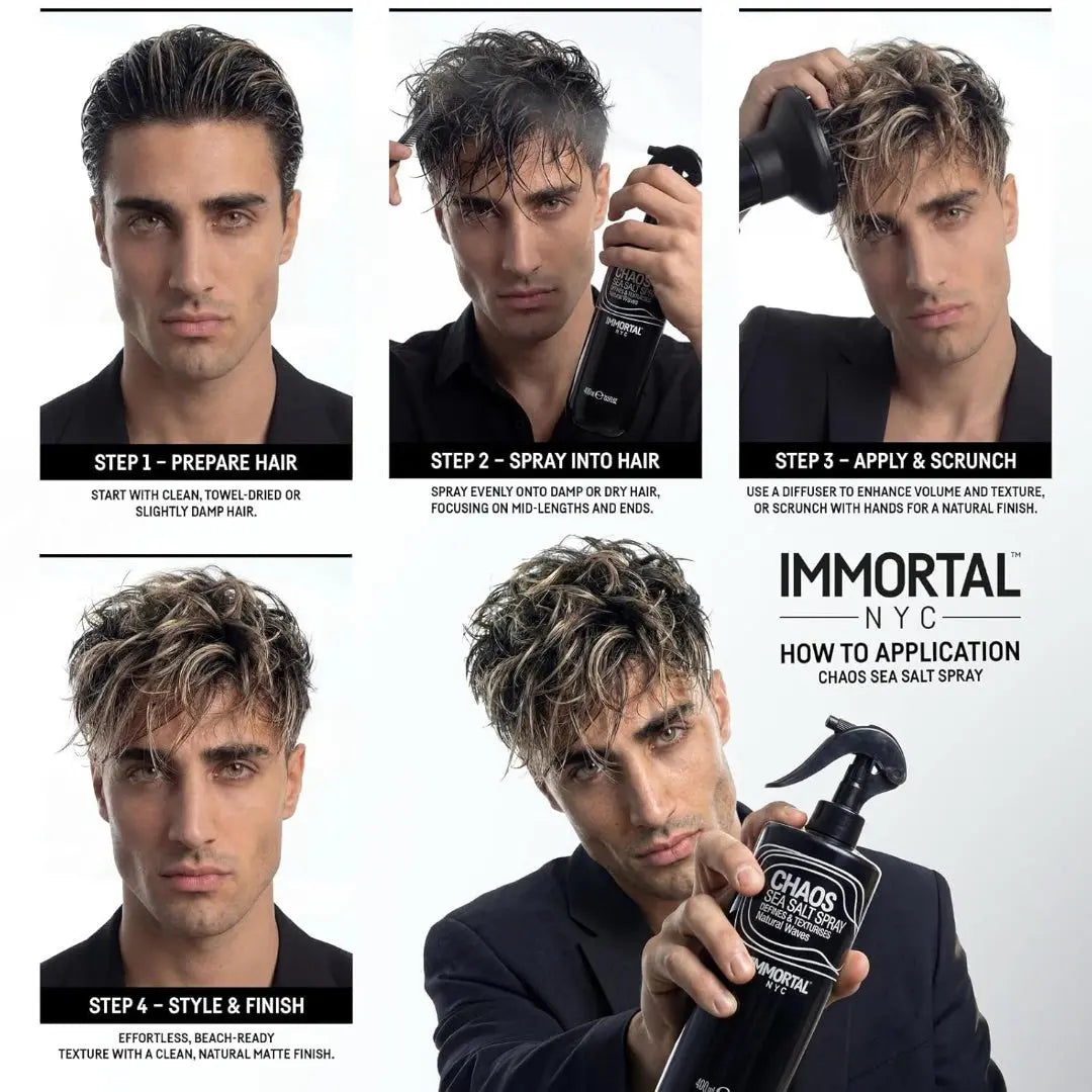 Step-by-step guide on using Immortal NYC hair product with a model holding the spray bottle.