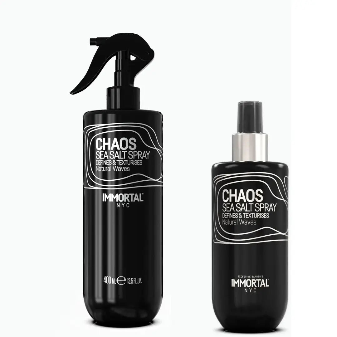 Two bottles of Immortal NYC Chaos Sea Salt Spray on a white background
