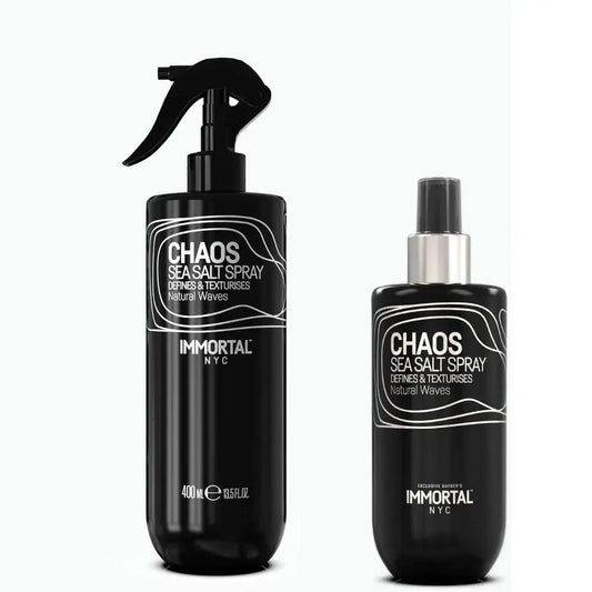 Two bottles of Immortal NYC Chaos Sea Salt Spray on a white background