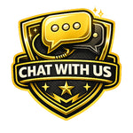 A digital graphic of a gold and black shield badge with a speech bubble icon and the text 'CHAT WITH US' on a white background.
