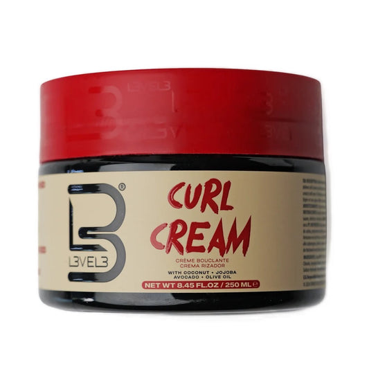 Jar of Level 3 Curl Cream with red lid on a white background