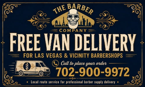 Promotional graphic for 'The Barber Company' offering free van delivery for Las Vegas and vicinity barbershops, featuring a dark navy blue background with ornate gold borders, a skull logo, and a small illustration of a delivery van.