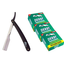 Shaving razor with black handle and silver blade next to a green box of Derby razor blades on a white background