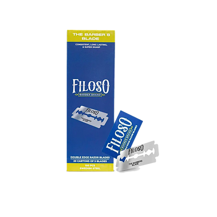 Packaging of Filoso double edge razor blades on a white background