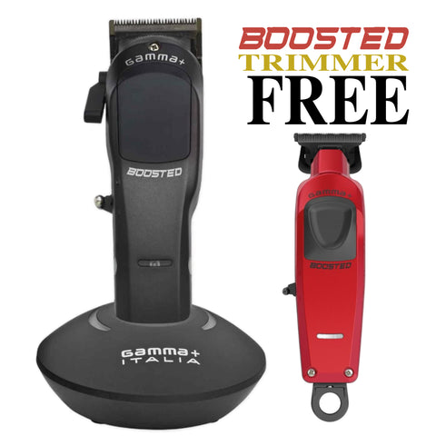 “Promo image showing a black Gamma+ Boosted cordless clipper on its charging base with a free red Boosted trimmer; text reads ‘BOOSTED TRIMMER FREE’—limited-time bundle offer from buybarber