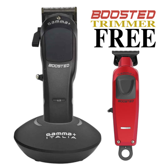 “Promo image showing a black Gamma+ Boosted cordless clipper on its charging base with a free red Boosted trimmer; text reads ‘BOOSTED TRIMMER FREE’—limited-time bundle offer from buybarber