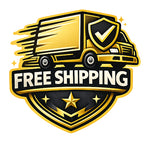 A digital graphic badge featuring a gold and black delivery truck with a shield icon, above the text 'FREE SHIPPING' in white on a black banner, all set against a gold and black shield-shaped background with stars.