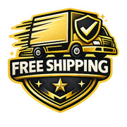 A digital graphic badge featuring a gold and black delivery truck with a shield icon, above the text 'FREE SHIPPING' in white on a black banner, all set against a gold and black shield-shaped background with stars.