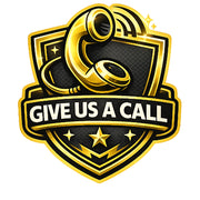 A stylized gold and black shield emblem with a large golden telephone receiver and the text 'GIVE US A CALL' on a white background.