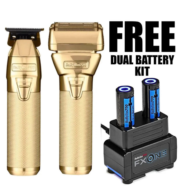 Babyliss Pro FX One Gold electric shaver and trimmer set with dual battery kit on a white background