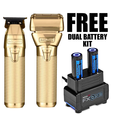 Babyliss Pro FX One Gold electric shaver and trimmer set with dual battery kit on a white background