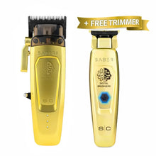 Two gold hair trimmers with 'Saber' branding on a white background, one with a free trimmer banner.