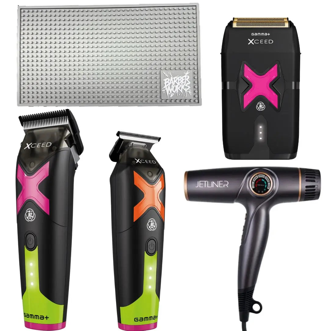 Limited Bundle: JetLiner Dryer + Gamma+ XCeed Clipper, Trimmer & Shaver + Barber Works Station Mat - BUYBARBER.COM