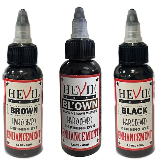 Three bottles of Hevie hair and beard dye with labels for brown, black, and a black and brown mixture.