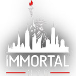 A stylized white New York City skyline graphic featuring the Statue of Liberty holding a red torch, with the word 'IMMORTAL' and 'NYC' underneath on a light gray background.