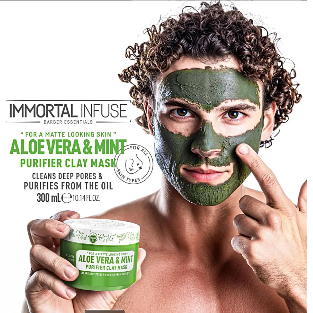 “Woman applying Aloe Vera & Mint Purifier Clay Mask to her cheek in gentle circular motions.”

