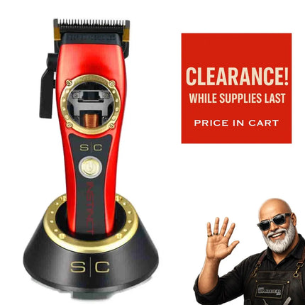 Red and black hair trimmer with gold accents on a white background, featuring a 'Clearance' label.