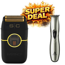 Black electric shaver with gold accents and a silver hair trimmer on a white background with 'Super Deal' text.