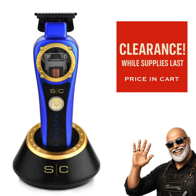 Blue hair trimmer with gold accents on a black stand, next to a promotional banner and a man waving.