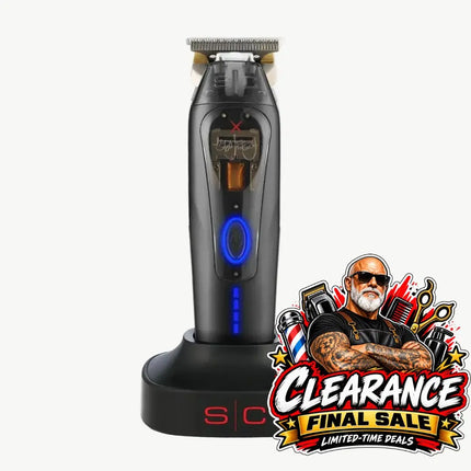 S|C x 360 Jeezy Trimmer Professional – IN3 Vector Motor with a blue power button and metallic cutting head, shown standing on a matching black charging base against a light gray background. A large 'CLEARANCE FINAL SALE' promotional graphic with an illustrated bearded man and barbershop tools is overlaid in the lower right corner.