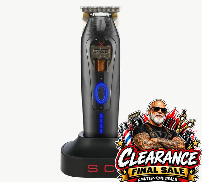 S|C x 360 Jeezy Trimmer Professional – IN3 Vector Motor with a blue power button and metallic cutting head, shown standing on a matching black charging base against a light gray background. A large 'CLEARANCE FINAL SALE' promotional graphic with an illustrated bearded man and barbershop tools is overlaid in the lower right corner.
