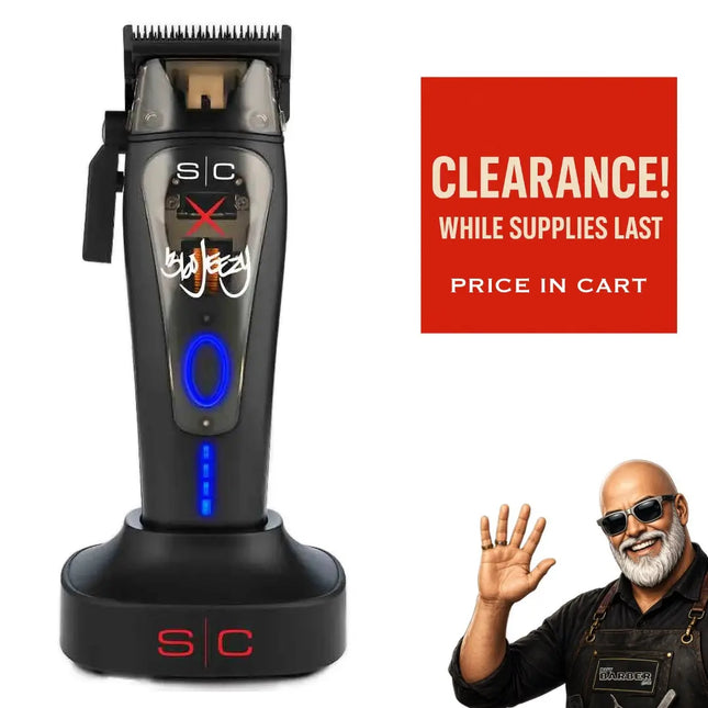 Hair trimmer with a 'Clearance' label and a person waving in the corner.