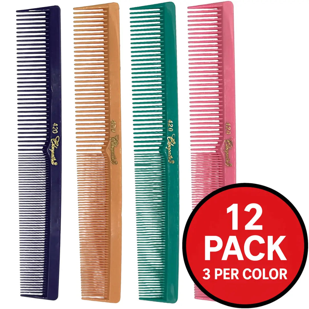 Set of four combs in different colors with a '12 Pack' label indicating three per color.