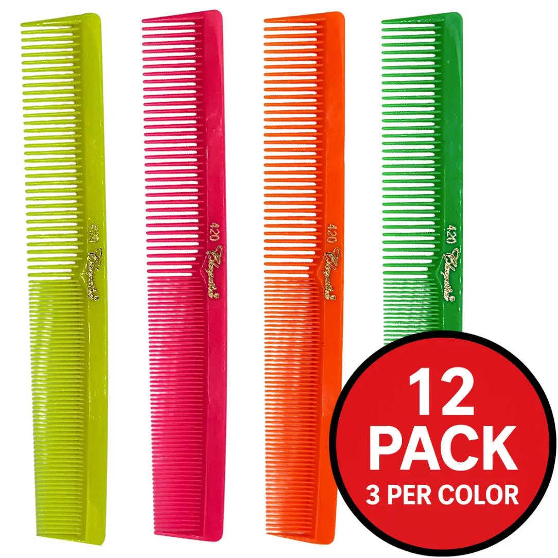Four colorful combs in green, red, orange, and green with a '12 Pack' label.
