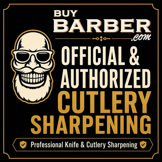 Promotional graphic for 'Buy Barber.com' featuring a cartoon bearded man wearing sunglasses on a black background, with large text reading 'Official & Authorized Cutlery Sharpening' and a banner at the bottom that says 'Professional Knife & Cutlery Sharpening'.