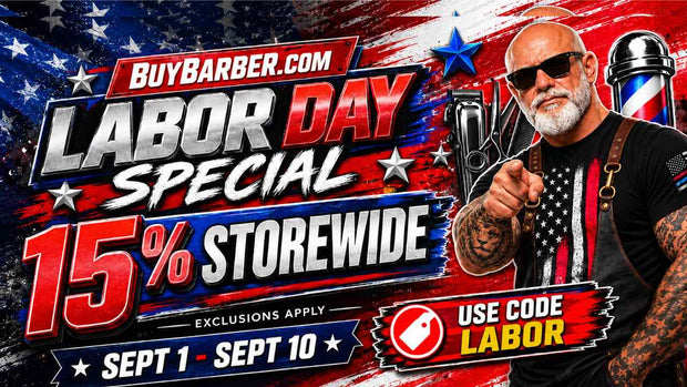 Promotional graphic for BuyBarber.com Labor Day Special with a large 15% storewide discount, dated Sept 1 - Sept 10.