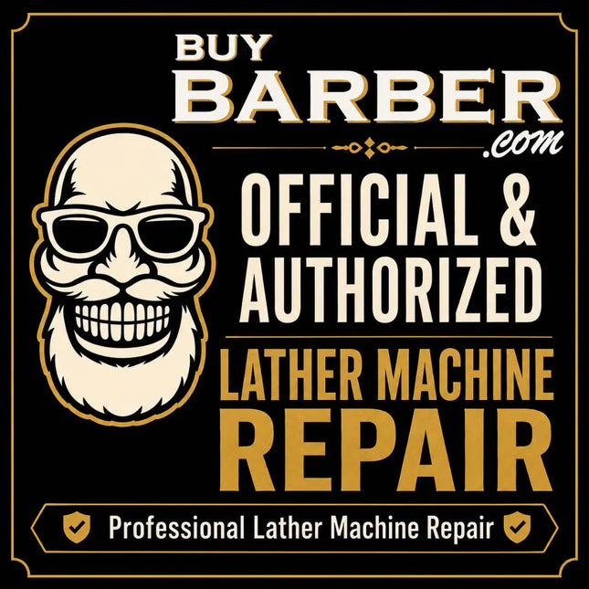 Official authorized lather machine repair logo for Buy Barber.com, featuring a stylized cartoon skull wearing sunglasses with a mustache and beard on a black background with gold and white text.