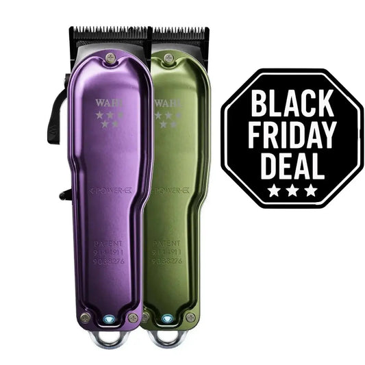 Two Wahl Legend hair clippers, one purple and one green, with a Black Friday deal badge on a white background.