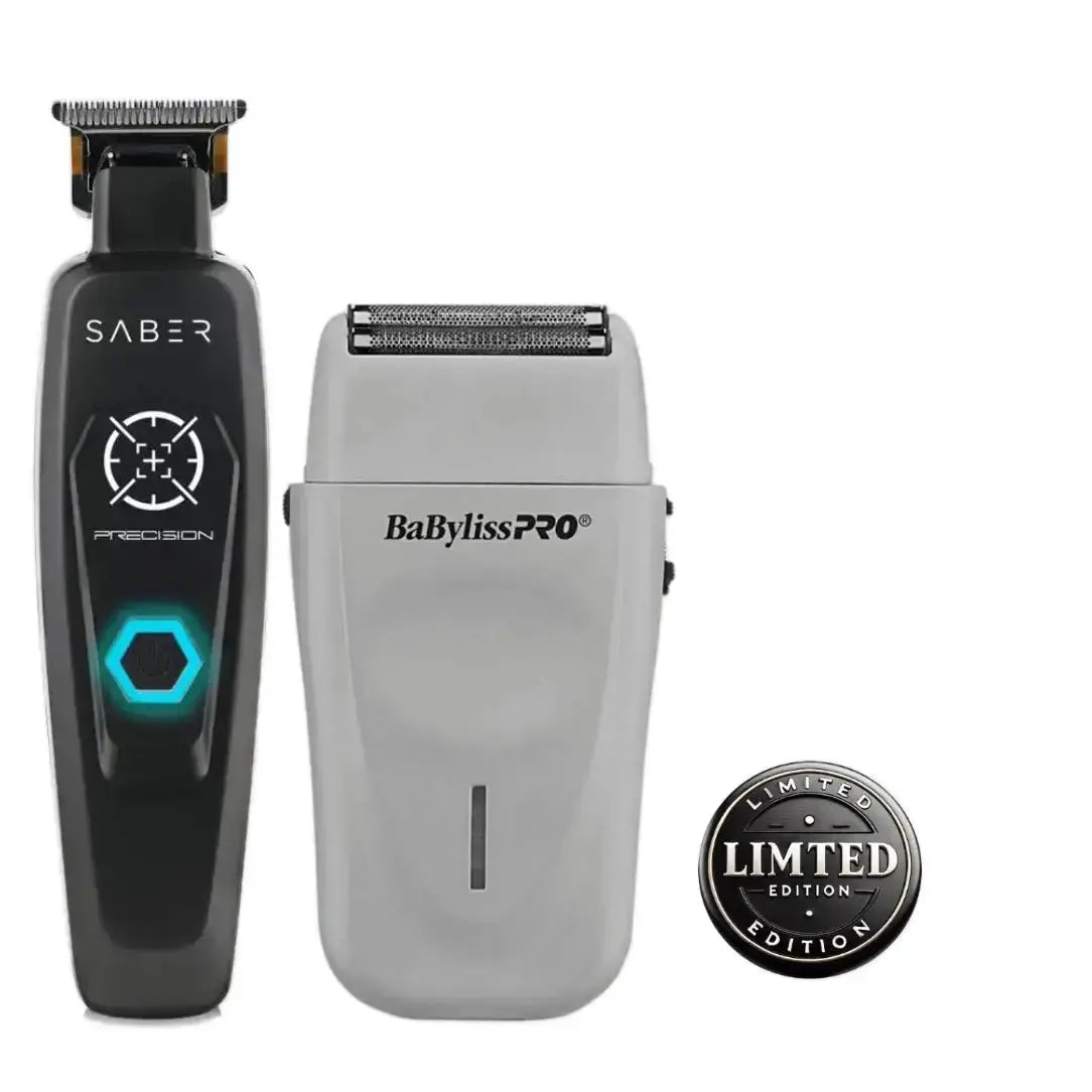 stylecraft saber Precision trimmer and FX3 shaver Two grooming tools, a black and gray BaBylissPro model, with 'Black Friday Deal' and 'Limited Edition' labels on a white background.