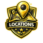 A gold and black shield-shaped graphic with a large location pin icon at the top, stars, map elements, and the word "LOCATIONS" across a banner, shown on a plain white background.