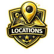 A gold and black shield-shaped graphic with a large location pin icon at the top, stars, map elements, and the word "LOCATIONS" across a banner, shown on a plain white background.